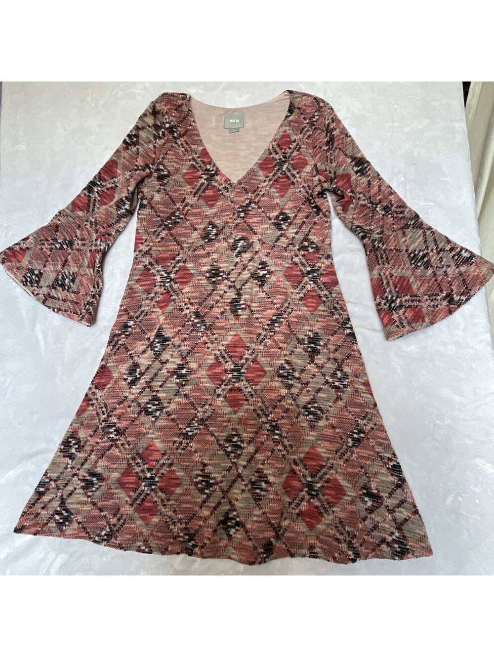 Maeve Anthropologie Knit Argyle Pink Grey Retro Swing Dress Med
